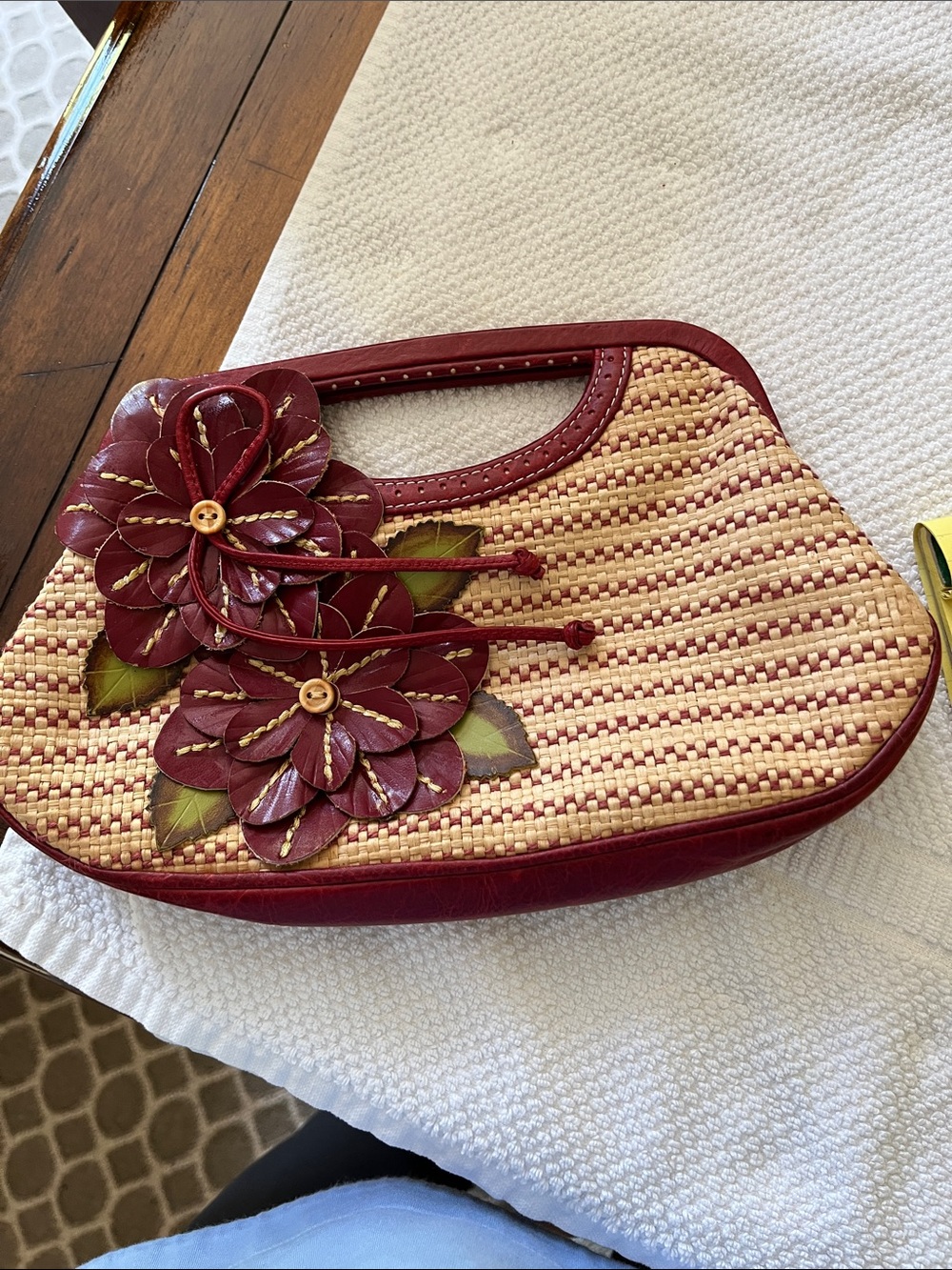 Isabella Fiore Red and Natural Woven Floral Applique Clutch